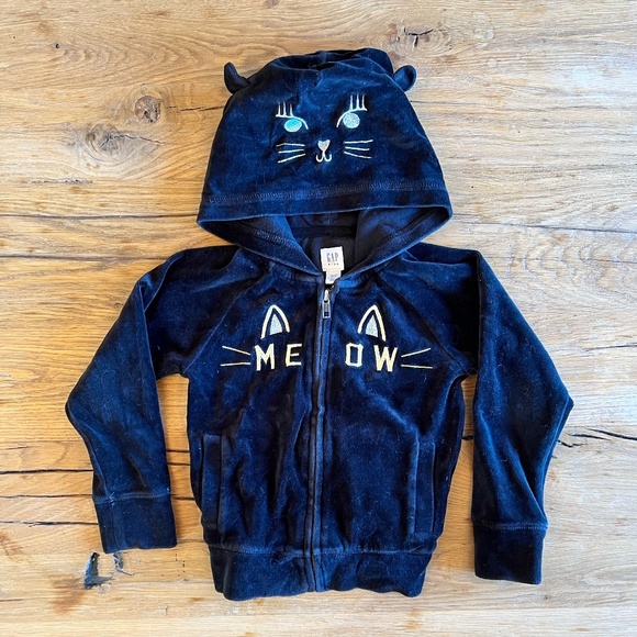 GAP Size XS (4-5 girls). Black velour "Meow" hooded cat zip-up sweater - Picture 1 of 5